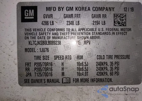 2020 Chevrolet Trax Fwd Ls from USA, damaged, VIN KL7CJKSB0LB089238